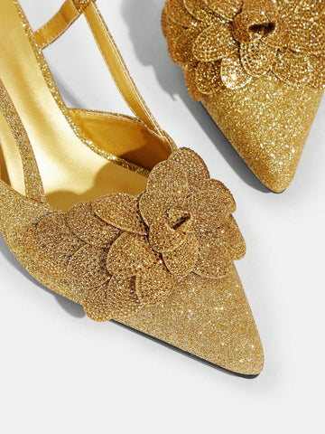 New Fashion High-End French Style Pointed Toe Floral Decor Stiletto Heel