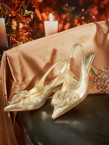 Women Fashion Metal Rhinestone Floral Low Heel Pointed Toe Slingback Flats