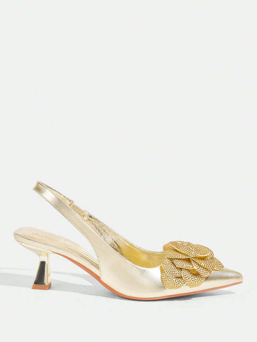 Women Fashion Metal Rhinestone Floral Low Heel Pointed Toe Slingback Flats