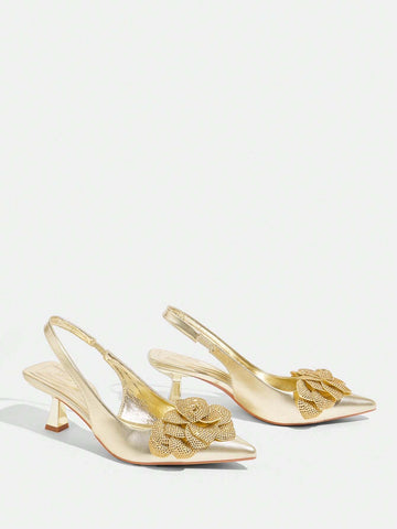 Women Fashion Metal Rhinestone Floral Low Heel Pointed Toe Slingback Flats