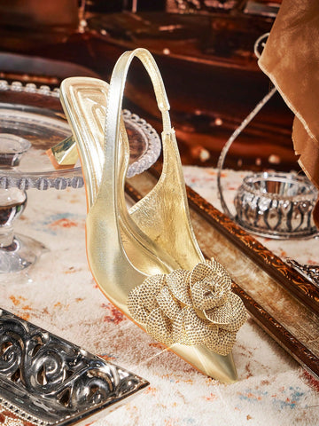 Women Fashion Metal Rhinestone Floral Low Heel Pointed Toe Slingback Flats