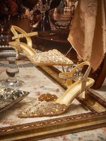 Women Pointed Toe Rhinestone Decor Minimalist Fashionable High Heels, Casual Daily Wear