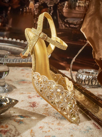 Women Pointed Toe Rhinestone Decor Minimalist Fashionable High Heels, Casual Daily Wear