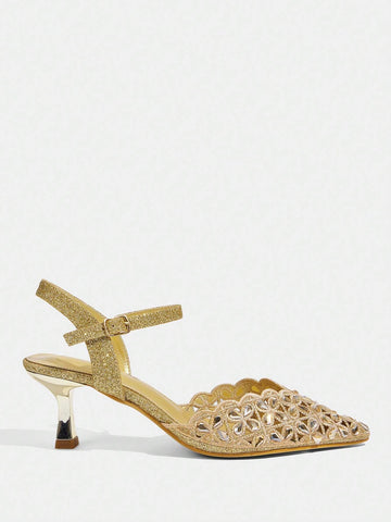 Women Pointed Toe Rhinestone Decor Minimalist Fashionable High Heels, Casual Daily Wear