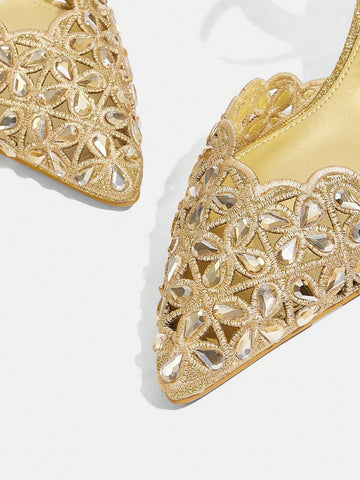 Women Pointed Toe Rhinestone Decor Minimalist Fashionable High Heels, Casual Daily Wear