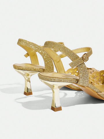 Women Pointed Toe Rhinestone Decor Minimalist Fashionable High Heels, Casual Daily Wear