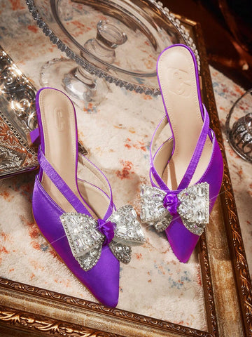 Women Square Toe Stiletto High Heels, Faux Silk Backless Fashion Butterfly Decor Comfortable