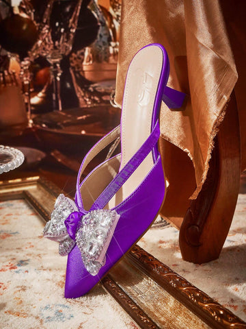 Women Square Toe Stiletto High Heels, Faux Silk Backless Fashion Butterfly Decor Comfortable