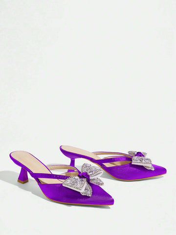 Women Square Toe Stiletto High Heels, Faux Silk Backless Fashion Butterfly Decor Comfortable