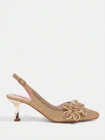 Women's Fashion Rhinestone 3D Flower Decor Pointed Toe High Heels