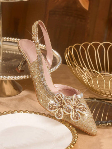 Women's Fashion Rhinestone 3D Flower Decor Pointed Toe High Heels