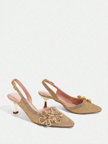 Women's Fashion Rhinestone 3D Flower Decor Pointed Toe High Heels