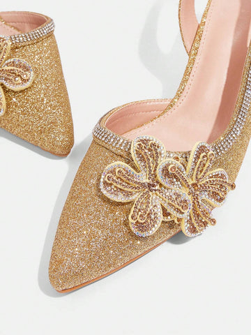 Women's Fashion Rhinestone 3D Flower Decor Pointed Toe High Heels