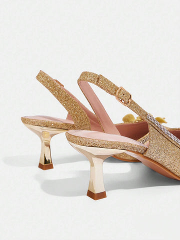 Women's Fashion Rhinestone 3D Flower Decor Pointed Toe High Heels