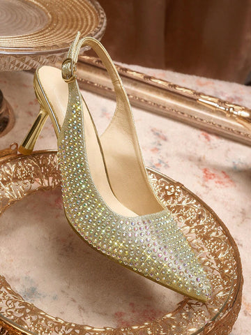 Women's Fashion Versatile Elegant Rhinestone Decor Pointed Toe High Heel Pumps