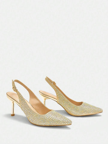 Women's Fashion Versatile Elegant Rhinestone Decor Pointed Toe High Heel Pumps