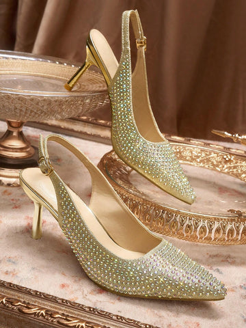 Women's Fashion Versatile Elegant Rhinestone Decor Pointed Toe High Heel Pumps