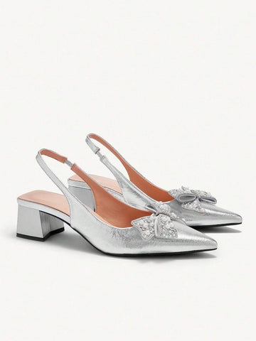 Women's Faux Pearl Bow Decor Pointed Toe Slingback Thick High Heel Closed Toe Pumps, Elegant For Daily, Commuter