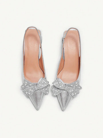 Women's Faux Pearl Bow Decor Pointed Toe Slingback Thick High Heel Closed Toe Pumps, Elegant For Daily, Commuter