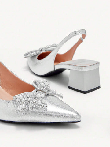 Women's Faux Pearl Bow Decor Pointed Toe Slingback Thick High Heel Closed Toe Pumps, Elegant For Daily, Commuter
