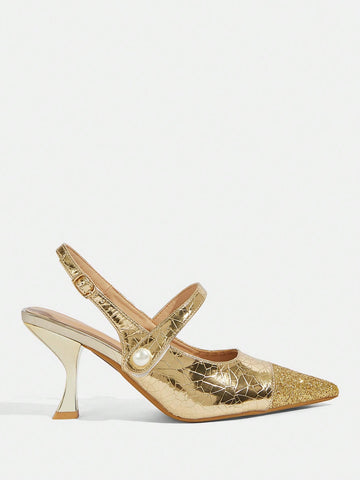 Women's Pointed Toe Pearl Embellished Glitter High Heel Mary Jane Shoes, Champagne