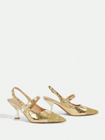 Women's Pointed Toe Pearl Embellished Glitter High Heel Mary Jane Shoes, Champagne