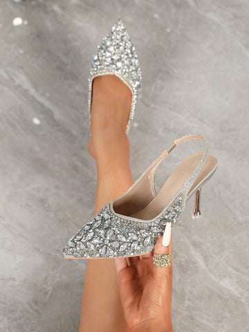 Women's Pointed Toe Stiletto High Heels, Daily Wear French Elegant Sexy Wedding Party Rhinestone Dress Shoes Fall