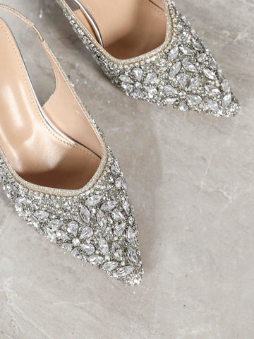 Women's Pointed Toe Stiletto High Heels, Daily Wear French Elegant Sexy Wedding Party Rhinestone Dress Shoes Fall
