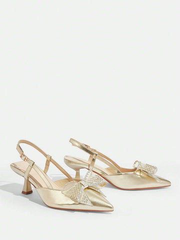 Women's Square Toe Rhinestone Butterfly Decor Stiletto High Heel Sandals With Elastic Backstrap, Comfortable And Versatile