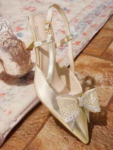 Women's Square Toe Rhinestone Butterfly Decor Stiletto High Heel Sandals With Elastic Backstrap, Comfortable And Versatile