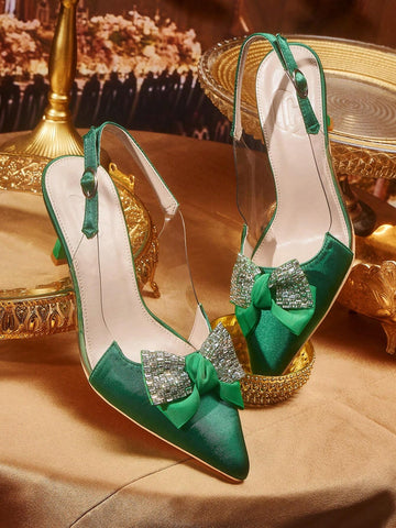 Women's Square Toe Rhinestone Embellished Stiletto Heel Slip-On Dress Pumps, Comfortable, Versatile For Spring/Fall,