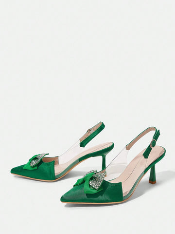 Women's Square Toe Rhinestone Embellished Stiletto Heel Slip-On Dress Pumps, Comfortable, Versatile For Spring/Fall,