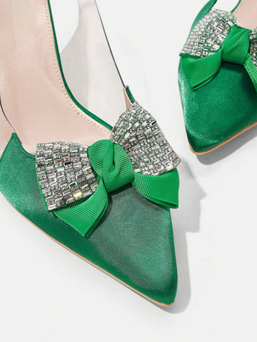 Women's Square Toe Rhinestone Embellished Stiletto Heel Slip-On Dress Pumps, Comfortable, Versatile For Spring/Fall,