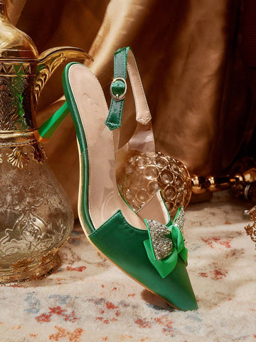 Women's Square Toe Rhinestone Embellished Stiletto Heel Slip-On Dress Pumps, Comfortable, Versatile For Spring/Fall,