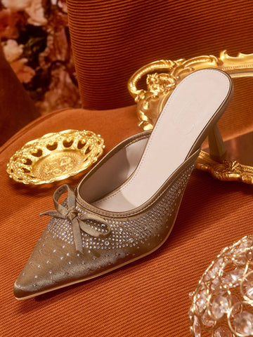 Women's Square Toe Stiletto Heel Backless Rhinestone Butterfly Decor