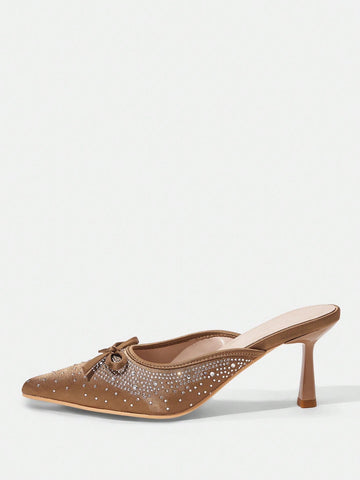 Women's Square Toe Stiletto Heel Backless Rhinestone Butterfly Decor