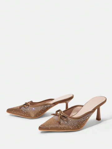 Women's Square Toe Stiletto Heel Backless Rhinestone Butterfly Decor