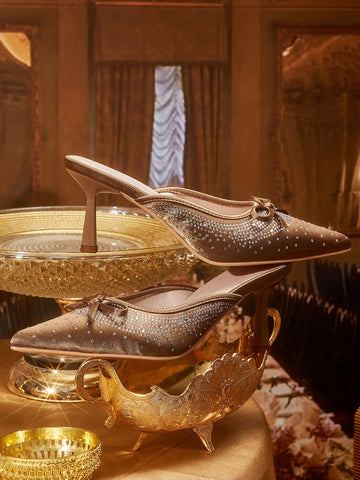 Women's Square Toe Stiletto Heel Backless Rhinestone Butterfly Decor