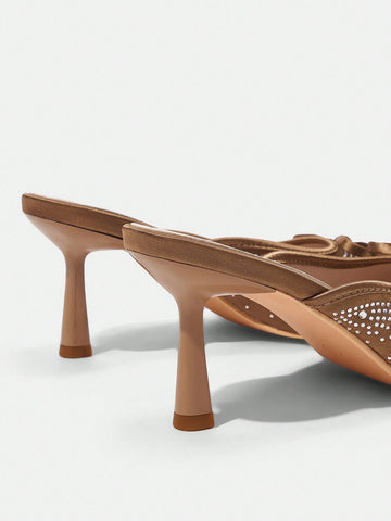 Women's Square Toe Stiletto Heel Backless Rhinestone Butterfly Decor