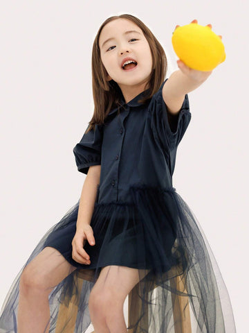 CUNYI Girls' Sweet Mesh Spliced Puff Sleeve Half-Opened Doll Collared Dress, Summer