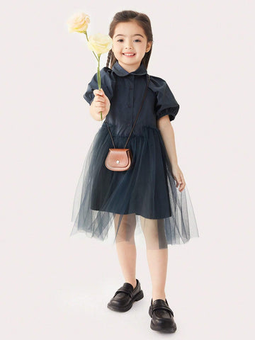 CUNYI Girls' Sweet Mesh Spliced Puff Sleeve Half-Opened Doll Collared Dress, Summer