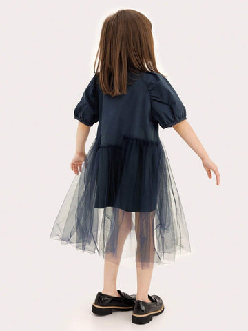 CUNYI Girls' Sweet Mesh Spliced Puff Sleeve Half-Opened Doll Collared Dress, Summer