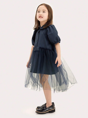 CUNYI Girls' Sweet Mesh Spliced Puff Sleeve Half-Opened Doll Collared Dress, Summer