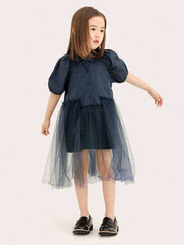 CUNYI Girls' Sweet Mesh Spliced Puff Sleeve Half-Opened Doll Collared Dress, Summer