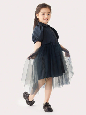 CUNYI Girls' Sweet Mesh Spliced Puff Sleeve Half-Opened Doll Collared Dress, Summer