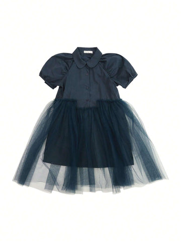 CUNYI Girls' Sweet Mesh Spliced Puff Sleeve Half-Opened Doll Collared Dress, Summer