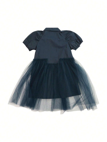 CUNYI Girls' Sweet Mesh Spliced Puff Sleeve Half-Opened Doll Collared Dress, Summer