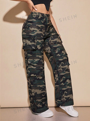 Camo Print Flap Pocket Cargo Pants