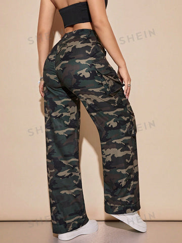 Camo Print Flap Pocket Cargo Pants