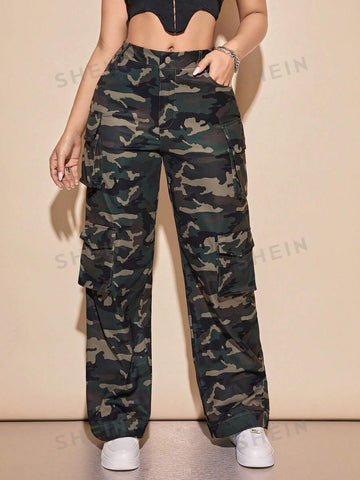 Camo Print Flap Pocket Cargo Pants